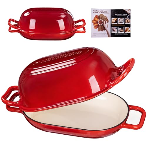 GdnWings Oval Dutch Oven for Bread Baking, 12 x 8 Inch Cast Iron Bread Oven for homemade bread, Sourdough Dutch Oven Bread baking Pan for a Crispy Crust, 5QT, Cherry