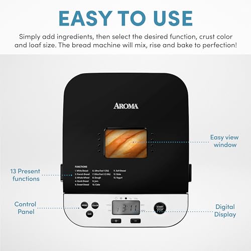 AROMA® 1.5lbs. Digital Bread Maker with Crust Customization, Clear-View Lid, and Nonstick Baking Pan, Black (ABM-250)
