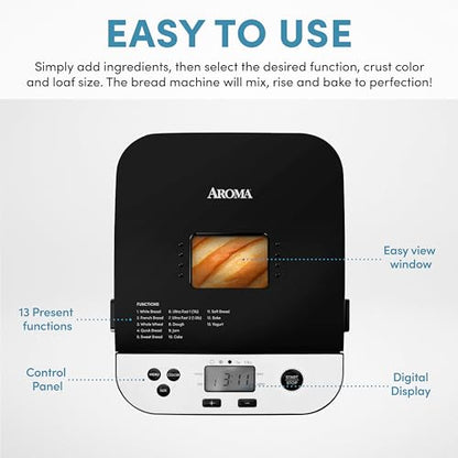 AROMA® 1.5lbs. Digital Bread Maker with Crust Customization, Clear-View Lid, and Nonstick Baking Pan, Black (ABM-250)