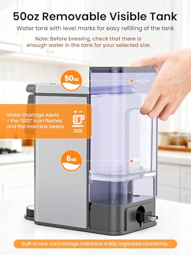 Karosie Hot & Iced Single Serve Coffee Maker for K Pod and Grounds, 6-14 Oz Brew Sizes, 50oz Removable Tank, Single Cup Coffee Maker with Descaling Reminder, Stainless Steel, Black
