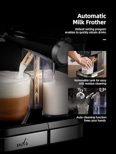 UDI 20 Bar Espresso Machine, 9-in-1 Coffee Maker with Automatic Milk Frother & Detachable Milk Tank, One-Touch Cappuccino Latte Macchiato Americano Iced Espresso, Self-Cleaning Function for Home Use
