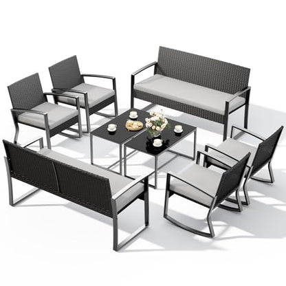 Ahomly 8 Piece Wicker Patio Furniture Set with Rocking Chairs, Grey