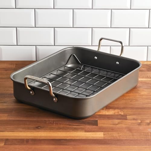 Rachael Ray Bakeware Nonstick Roaster/Roasting Pan with Reversible Rack, 16.5 Inch x 13.5 Inch, Gray