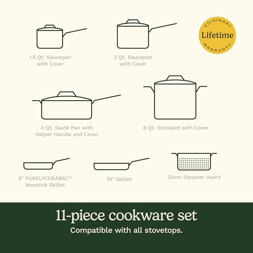 Cuisinart Cookware Set, 11 Piece Stainless Steel Cookware Pots and Pans, Home and Kitchen Durable Stainless Steel for Everyday Cooking, Matte Thyme, MT89G-11