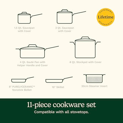 Cuisinart Cookware Set, 11 Piece Stainless Steel Cookware Pots and Pans, Home and Kitchen Durable Stainless Steel for Everyday Cooking, Matte Thyme, MT89G-11