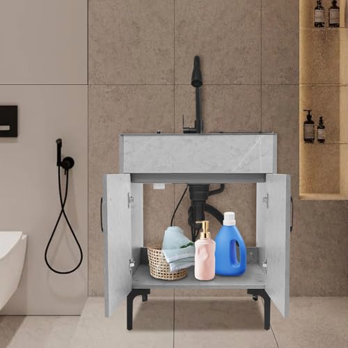 Freestanding Utility Sink, 30.71In Laundry Sink with Cabinet Indoor & Outdoor Utility Tub Pull-out Faucet&Gravity Ball&Drain Basket Heavy Duty for Laundry Garage Outdoor Kitchen Garden (Grey)