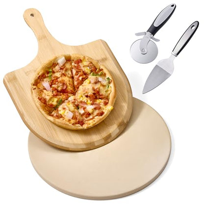 13 Inch Cordierite Pizza Stone 4-Piece Set for Oven & Grill - Round Baking Stone with Wooden Peel, Roller Cutter & Mini Cake Shovel