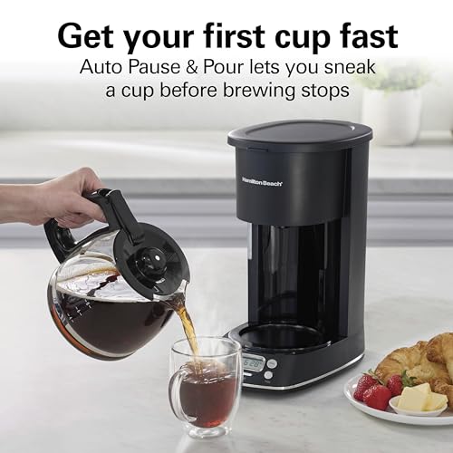 Hamilton Beach 12 Cup Programmable Hot & Iced Coffee Maker, Glass Carafe, Auto-Pause and Pour, 4-Hour Auto Shutoff, Black with Chrome Accents (43690J)