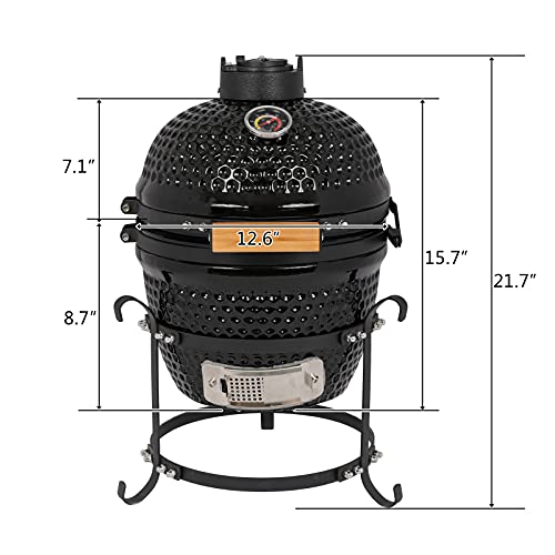 13" Portable Round Ceramic Charcoal Grill,Outdoor Barbecue Smoker,Heavy Duty Outdoor BBQ Grill,Vertical Camping Barbecue Grill,with Built-in Thermometer,for Garden Patio Beach Backyard (Black)