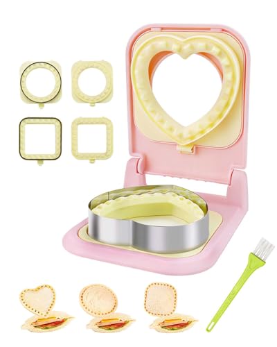 3-in-1 Uncrustable Sandwich Maker - Heart/Circle/Square Crustless Sandwich Cutter & Sealer for Kids' Lunch, Breakfast & Lunchboxes | BPA-Free Uncrustable Press, Easy Clean (3-Shape Pink)