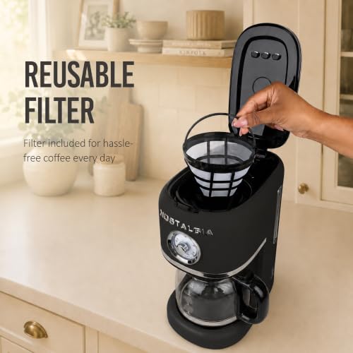 Nostalgia Classic Retro 10 Cup Coffee Maker - One-Touch Drip Brew, Reusable Filter - Anti-Drip, Auto Shutoff, & Time Display - Dishwasher Safe 50 oz Carafe - Black