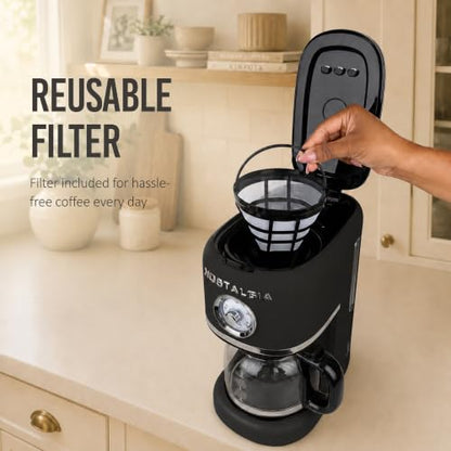 Nostalgia Classic Retro 10 Cup Coffee Maker - One-Touch Drip Brew, Reusable Filter - Anti-Drip, Auto Shutoff, & Time Display - Dishwasher Safe 50 oz Carafe - Black