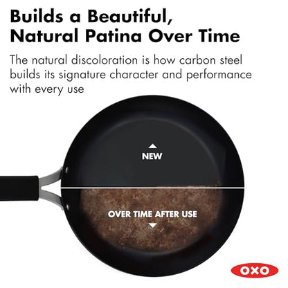 OXO Obsidian 12" Carbon Steel Frying Pan, Pre-Seasoned Skillet, Builds Natural Nonstick with Use, Induction Ready, Oven Safe, Removable Silicone Handle