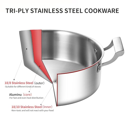 Delarlo 6.8QT Tri-Ply Stainless Steel Double-flavor Shabu Shabu Pot 12 inch Everyday Pan with Lid, Kitchen Induction,Cooking Hot Pot, Oven Safe Stock Pot, Up to 600℉