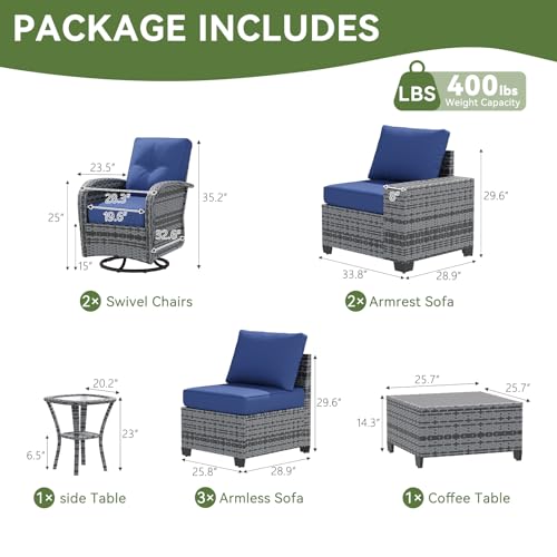 LazySunsets 9 PCS Patio Furniture Set, Outdoor Sectional All-Weather Wicker Conversation Set with Swivel Rocker Chairs, 4'' Thick Cushions for Backyard Poolside(Navy/Grey)