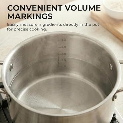 Sunhouse Stock Pot with Lid - 6.5 QT Large Pot for Cooking Pasta, Soup, Spaghetti - Ultra Thick 5-ply Base 18/8 Stainless Steel Pots for Canning, Boiling - Oven Safe & Induction Compatible Cookware