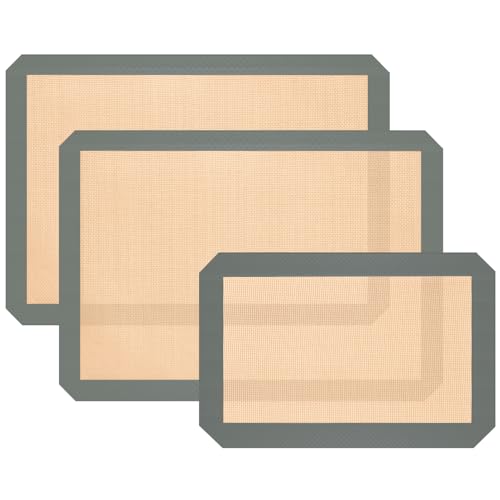 Silicone Baking Mat, Baking Sheets Non Stick, Silicone Mats for Baking, 3 Pcs for Cookies, Bread and Pastry, Baking Supplies for Oven, Grey