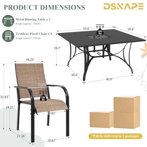 DSNAPE 9 Pieces Patio Table and Chairs Set, 59.6" Square Dining Table with Umbrella Hole & 8 Textilene Fixed Chairs, Dining Table Set for 8, Outdoor Furniture for Porch Deck Yard Balcony Lawn, Brown