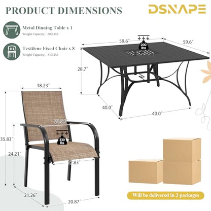DSNAPE 9 Pieces Patio Table and Chairs Set, 59.6" Square Dining Table with Umbrella Hole & 8 Textilene Fixed Chairs, Dining Table Set for 8, Outdoor Furniture for Porch Deck Yard Balcony Lawn, Brown
