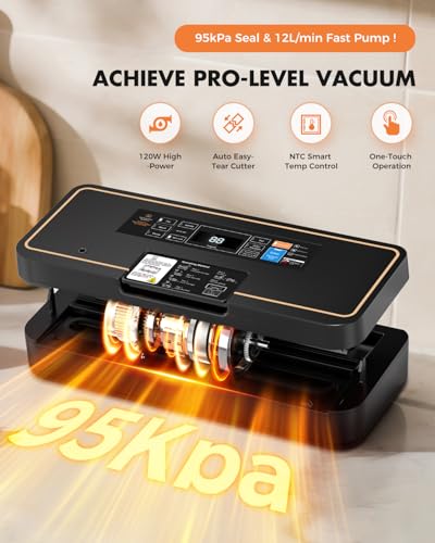 UPRUBE Vacuum Sealer for Food, 95kPa Food Saver Machine, 135W Fast-Sealing with Easy Tear Cutter, Built-in Bag Storage, 9-in-1 Compact with 10 ft Bag Roll