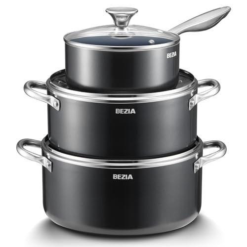 Induction Cookware Set 6-Piece, Stackable Kitchen Cooking Pots Set, 6qt 4.8qt & 2qt Pots with Lids, Dishwasher Safe & Oven Safe, Compatible with All Stoves, Black