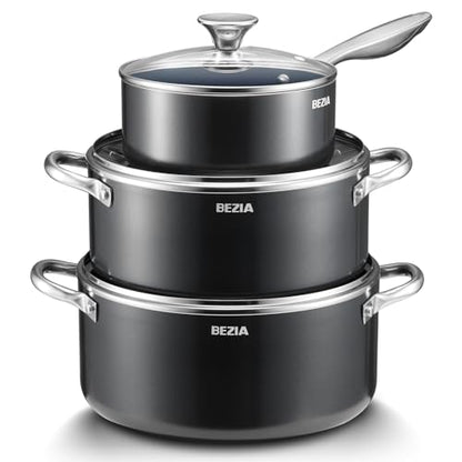 Induction Cookware Set 6-Piece, Stackable Kitchen Cooking Pots Set, 6qt 4.8qt & 2qt Pots with Lids, Dishwasher Safe & Oven Safe, Compatible with All Stoves, Black