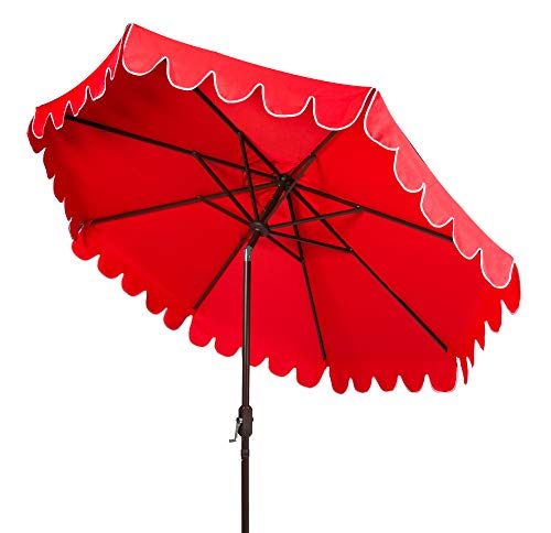 SAFAVIEH Outdoor - Venice 9-Foot Crank Patio Umbrella - Ivory & Black Canopy - Brown Aluminum Pole - Single Scallop Trim Design - Ideal for Patio, Deck, Poolside, Backyard (PAT8010E)