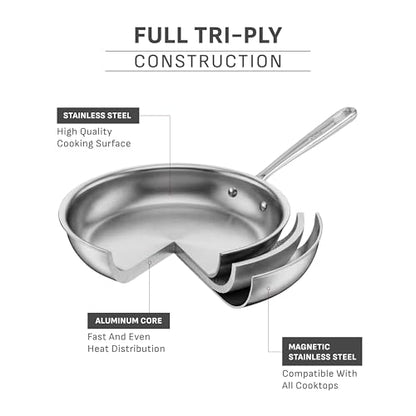 T-Fal Pro Tri-Ply Stainless Steel Sauce Pan with Lid, 2 Quart Saucepan with Lid, Induction Pot, Oven Safe 500F, Lid-350F, Fast & Even Heat, Professional Quality & Durability, Silver