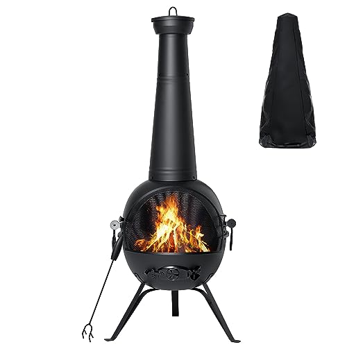 Chiminea Outdoor Fireplace Prairie Fire Patio Backyard Wooden Fire Pit with Chiminea Cover Rust-Free Iron Black