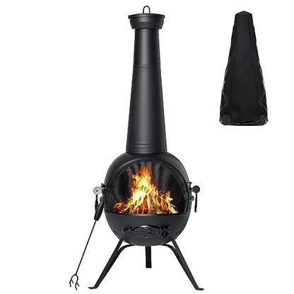 Chiminea Outdoor Fireplace Prairie Fire Patio Backyard Wooden Fire Pit with Chiminea Cover Rust-Free Iron Black