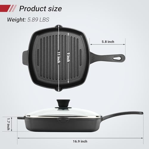 Northriver Casting 10.5 Inch Cast Iron Square Grill Pan with Tempered Glass Lid, Heavy Steak & Bacon Pans for Stove Tops