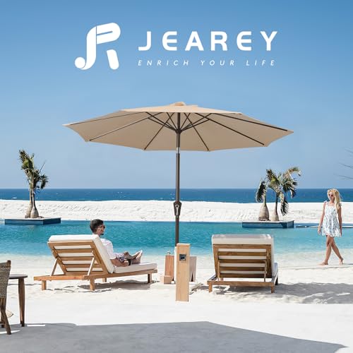 JEAREY 10FT Outdoor Patio Umbrella Outdoor Table Umbrella with Push Button Tilt and Crank, Market Umbrella 8 Sturdy Ribs UV Protection Waterproof for Pool, Garden (Beige)