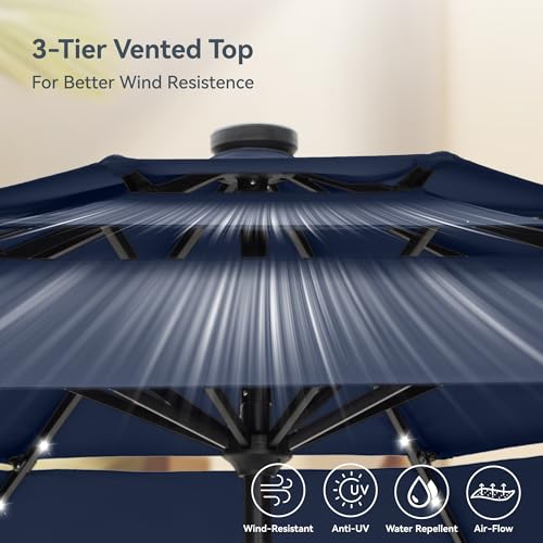 PHI VILLA 10ft Patio Umbrella with Light, Outdoor Large Auto-Tilt 3 Tier Market Table Umbrellas with 8 Sturdy Ribs and 1.5" Pole for Lawn Poolside Garden Terrace,Navy Blue