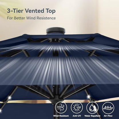 PHI VILLA 10ft Patio Umbrella with Light, Outdoor Large Auto-Tilt 3 Tier Market Table Umbrellas with 8 Sturdy Ribs and 1.5" Pole for Lawn Poolside Garden Terrace,Navy Blue