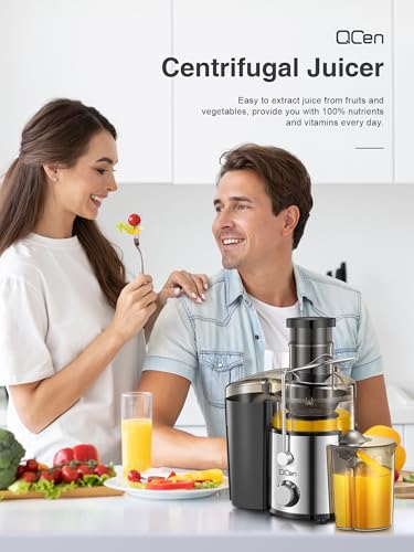 QCen Juicer Machine, 800W Centrifugal Juicer Extractor with Extra Wide Mouth Feed Chute for Fruits & Vegetables, Easy to Clean, Stainless Steel, BPA-Free