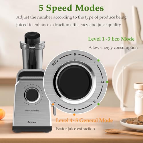 Anybear Masticating Juicer Machines, 3.5" Large Feed Chute Cold Press Juicer Fit Whole Fruits Vegetables with Quiet Motor | 5 Speed Modes | Easy to Clean with Brush | BPA Free (Silver & Black)