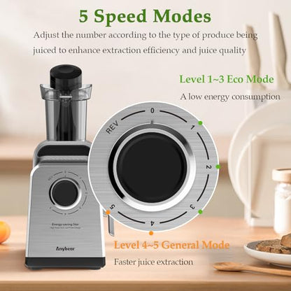 Anybear Masticating Juicer Machines, 3.5" Large Feed Chute Cold Press Juicer Fit Whole Fruits Vegetables with Quiet Motor | 5 Speed Modes | Easy to Clean with Brush | BPA Free (Silver & Black)