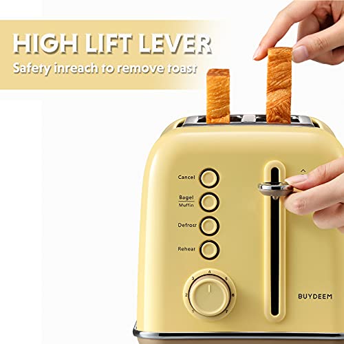 BUYDEEM DT620 2-Slice Toaster, 7 Shade Settings, Extra Wide 1.5'' Slots for Bagel & English Muffin, 6 Toasting Functions, Retro Stainless Steel Toaster with High Lift Lever, Mellow Yellow