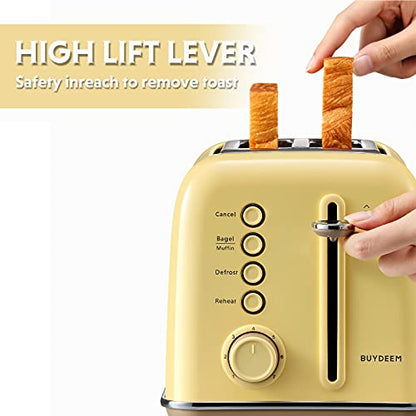 BUYDEEM DT620 2-Slice Toaster, 7 Shade Settings, Extra Wide 1.5'' Slots for Bagel & English Muffin, 6 Toasting Functions, Retro Stainless Steel Toaster with High Lift Lever, Mellow Yellow