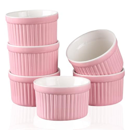 YAZYLIFE Ramekins 4oz,Creme Brulee Ramekins and Souffle Dishes,Porcelain Oven Safe Baking Bowls,Pudding Cups,Dipping bowl,Set of 6,Pink.