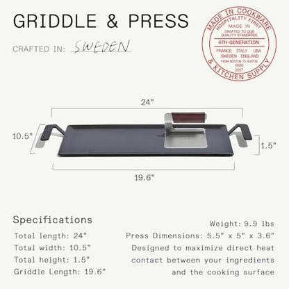 Made In Cookware - Carbon Steel Griddle + Grill Press - Professional Cookware - Crafted in Sweden - Induction Compatible