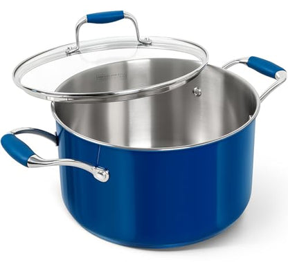 MICHELANGELO Stainless Steel Stock Pots - Induction Soup Pot with Lid, 6 Qt Non-Toxic Cooking Pot, Oven & Dishwasher Safe, Blue Exterior