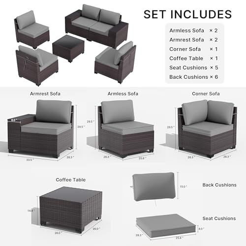 Gotland 6 Pieces Patio Furniture Set with 1 Coffee Table, 5 Seater Rattan Outdoor Sectional with Wide Armrests 29.5'' High Backrest Thick Waterproof Cushions, Conversation Sets for Deck Garden Gray