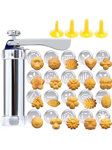 Professional Aluminum Cookie Press Set with 20 Discs & 4 Nozzles - Heavy Duty Cookie Gun for Baking, Decorating - Ideal for Home & Commercial Use