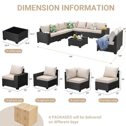 Jing's Villa 10-Piece Patio Furniture Set, All-Weather Outdoor Wicker Sectional Sofa with Cushions, Glass Table & Left and Right Armrest, Rattan Conversation Seating for Porch, Garden, Backyard,Beige