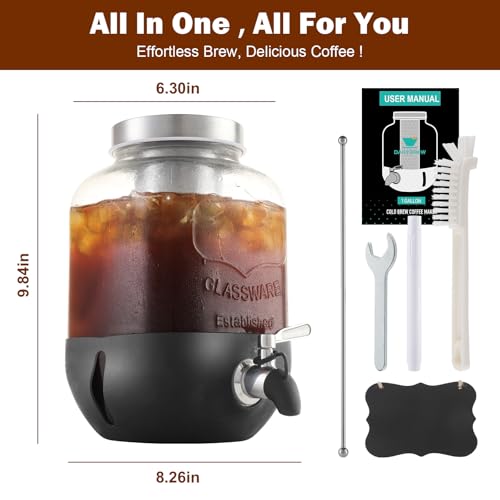 Cold Brew Coffee Maker, 1 Gallon Iced Coffee Maker With Stainless Steel Filter, Heavy Duty Glass Cold Brew Pitcher With Stainless Steel Spigot, Mason Jar Cold Brew Coffee Maker Fast Iced Tea Maker