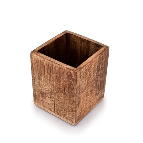 Samhita Mango Wood Burning Finished Kitchen Utensil Holder for Countertop, Utensil Holder Container for Kitchen Cooking Utensil. (5"x 5"x 6")