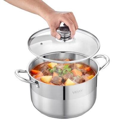 VEVOR Stainless Steel Stock Pot, 8QT Stainless Steel Stockpot with Glass Lid, PFOA-Free, PFAS-Free, Compatible with Gas Stoves, Induction Cooktops, Electric Stoves, for Soups, Stews, and Pasta