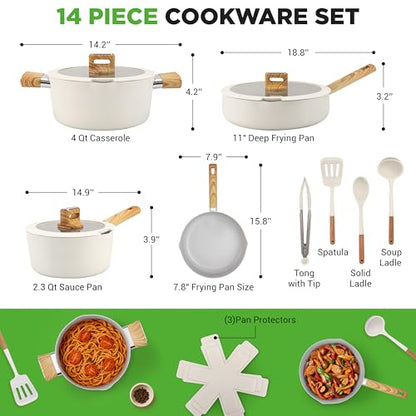 NutriChef Ceramic Cookware Set with Cooking Utensils, 14-Piece Nonstick Cookware Set with Glass Lids, Compatible with All Cooktops, Heat-Resistant Handles and Stylish Finish (Beige)