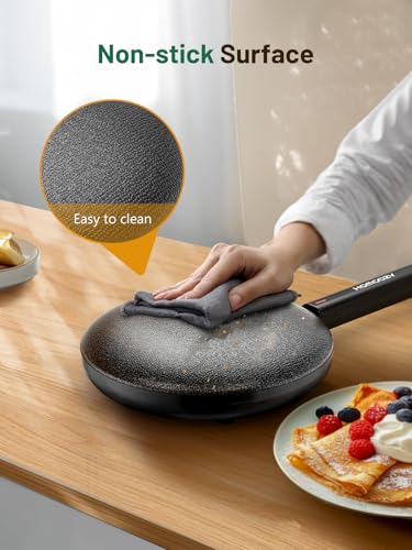 Electric Crepe Maker Machine, Homcozy Instant Crepe Maker with Handle, 8 Inch Non-Stick Coating Crepe Pan, Auto Temperature Control for Crepes, Pancakes, Bacon, Tortilla